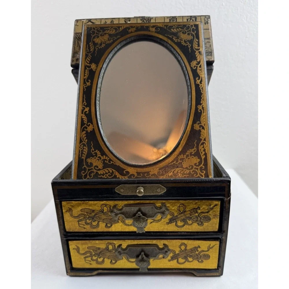 Antique Chinese Wood Lacquered Makeup Oval Vanity Fold Up Mirror Jewelry Box